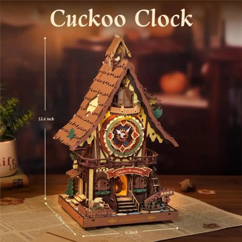 Black Forest cuckoo clock 3D wooden puzzle fully assembled on shelf