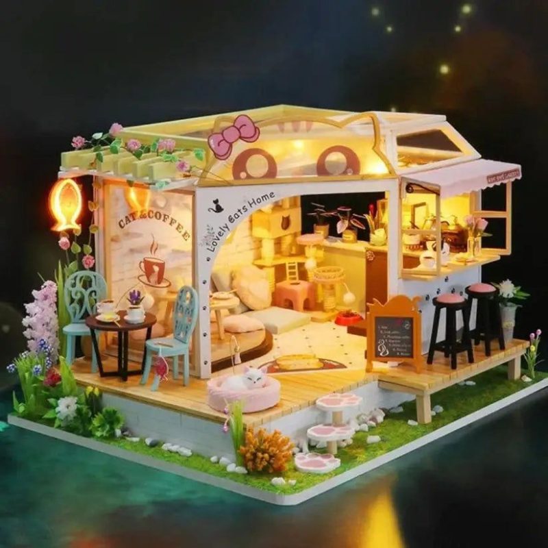 cat-cafe-diy-miniature-house-kit Cat Café DIY Miniature House Kit complete finished scene on shelf