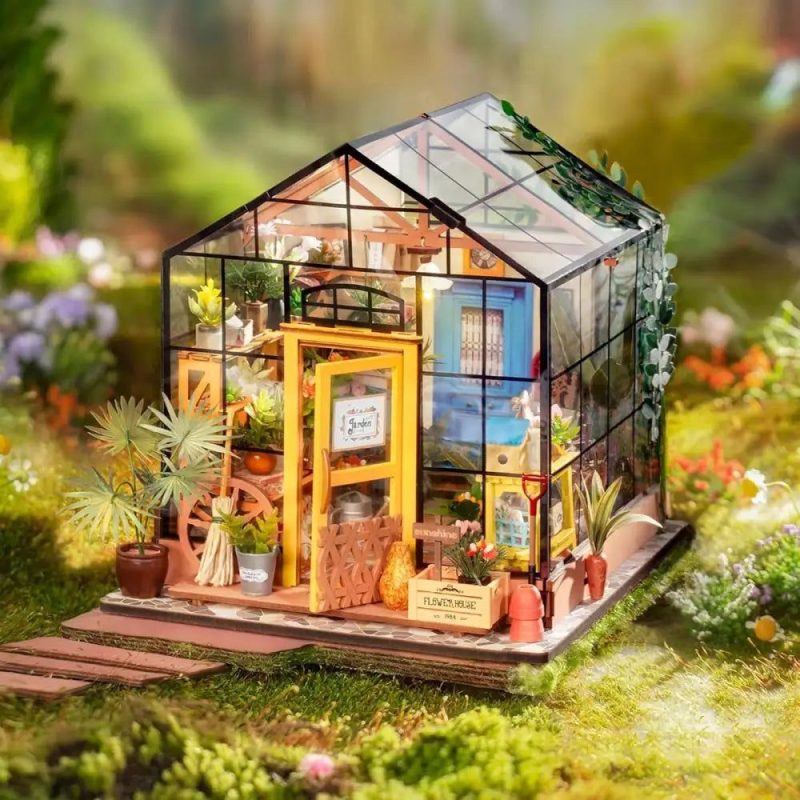 cathy-s-greenhouse-diy-miniature-house-kit Cathy's Greenhouse DIY miniature house kit fully assembled on shelf