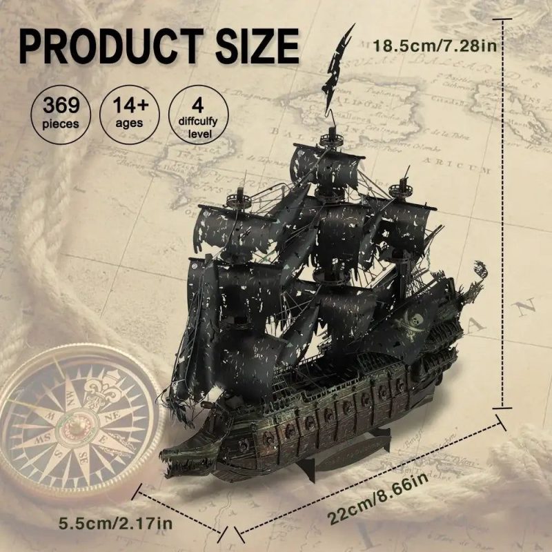 Collectible 369-piece metal pirate ship puzzle displayed on wooden bookshelf