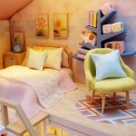 collectible-mini-sweets-shop-craft-kit-for-hobbyists Collectible mini bakery craft kit assembled by hobbyist miniature builder on bedroom shelf