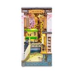collectible-miniature-train-alley-book-nook-scene Collectible miniature train alley book nook scene with lanterns and blossoms