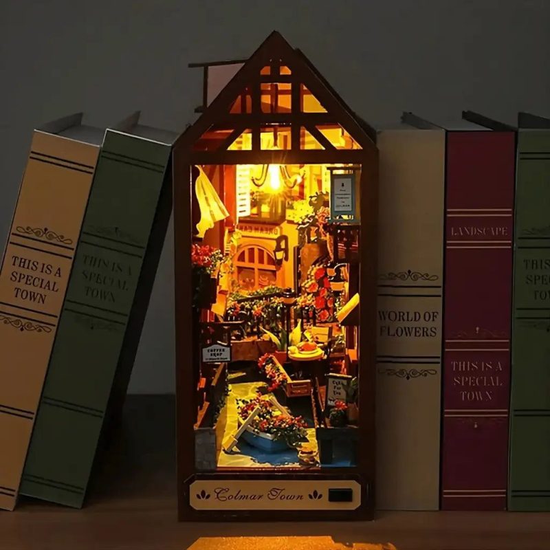 colmar-town-book-nook-kit Colmar Town Book Nook Kit completed shelf insert with warm LED glow