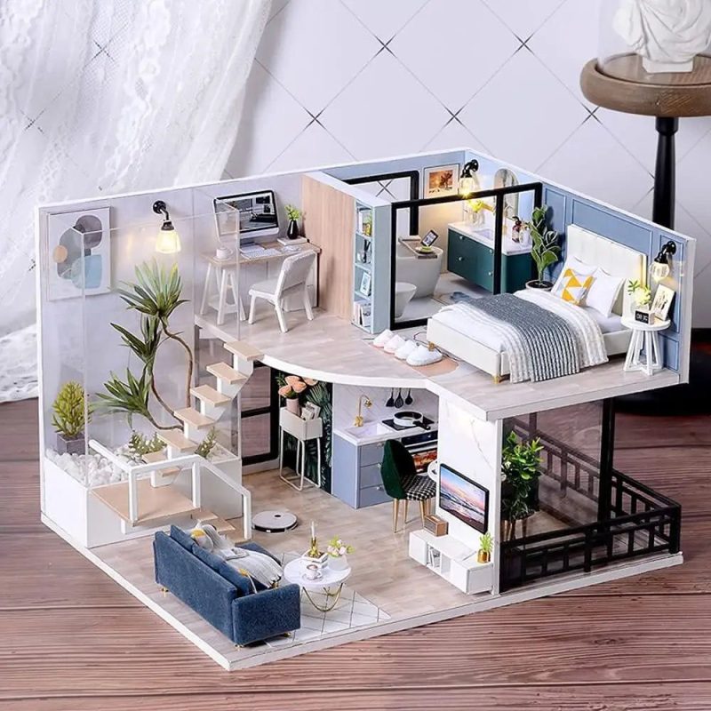 comfortable-apartment-miniature-house-kit Comfortable Apartment miniature house kit with pre-cut wood and textiles, ready to build