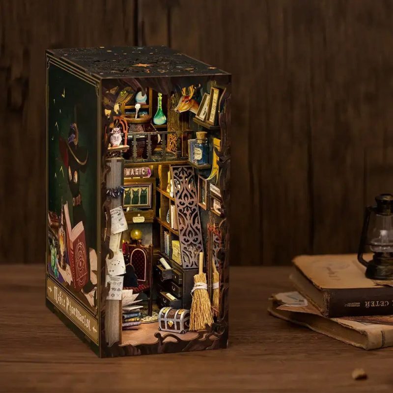 cozy-vintage-pharmacy-book-nook-scene Cozy vintage pharmacy book nook scene lit by touch-responsive amber LED