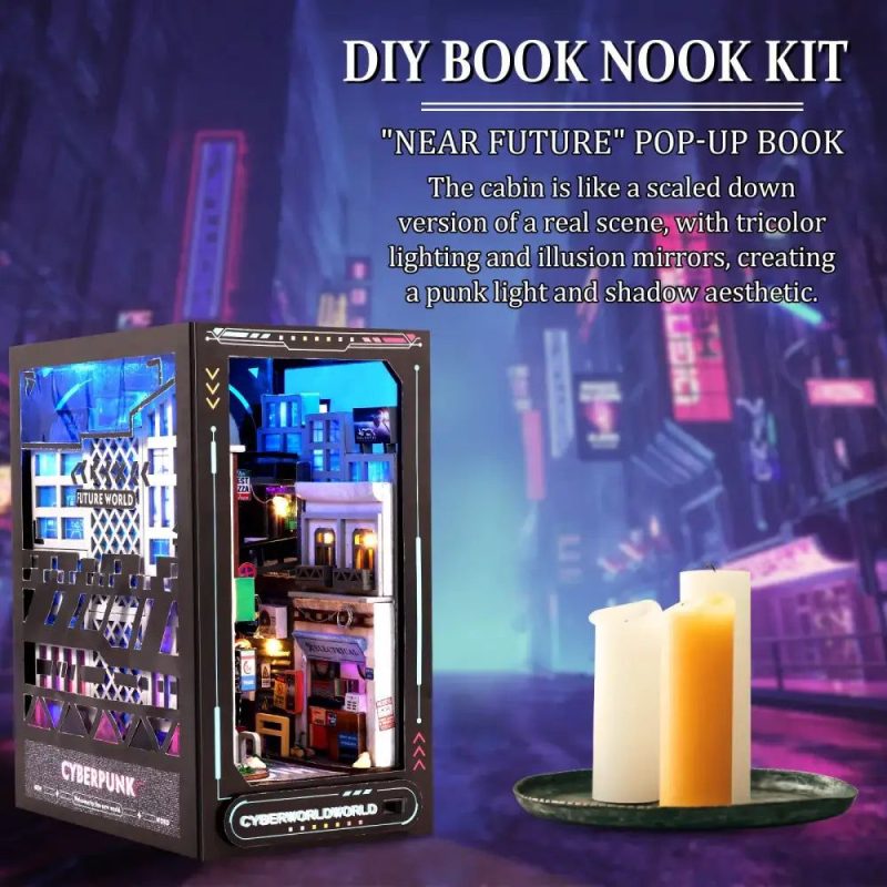 cyberpunk-miniature-bookshelf-diorama-with-neon-city Cyberpunk miniature bookshelf diorama with glowing neon city alleyway