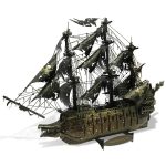 Decorative metal nautical pirate ship sculpture casting dramatic shelf shadows