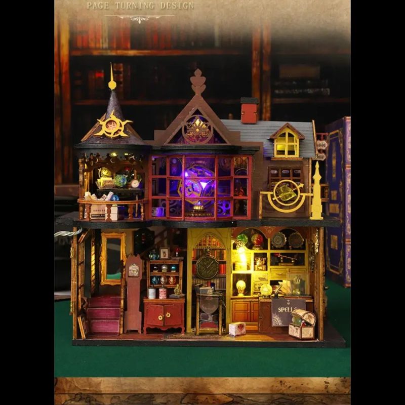 decorative-night-light-treasure-house-with-led-accents Decorative night-light miniature treasure house with LED accent lighting on shelf