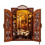 decorative-shelf-display-evoking-nostalgic-bookstore-atmosphere Decorative shelf display evoking nostalgic bookstore atmosphere with wooden construction