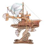 decorative-wooden-steampunk-airship-miniature-for-display Decorative wooden steampunk airship miniature displayed on bookshelf