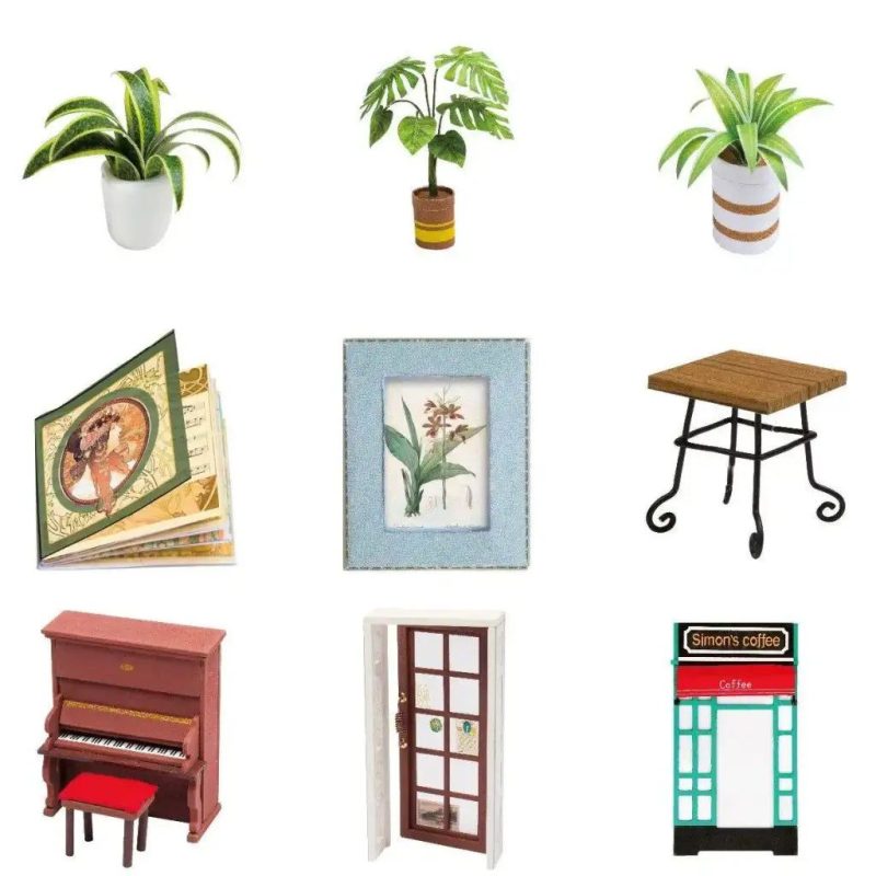 detailed-coffeehouse-miniature-assembly-kit-for-collectors-and-crafters Detailed coffeehouse miniature assembly kit for collectors with vintage piano and radio
