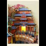 detailed-miniature-mountain-and-lanterns-book-nook-scene Detailed miniature mountain layers and hanging lanterns in a book nook scene