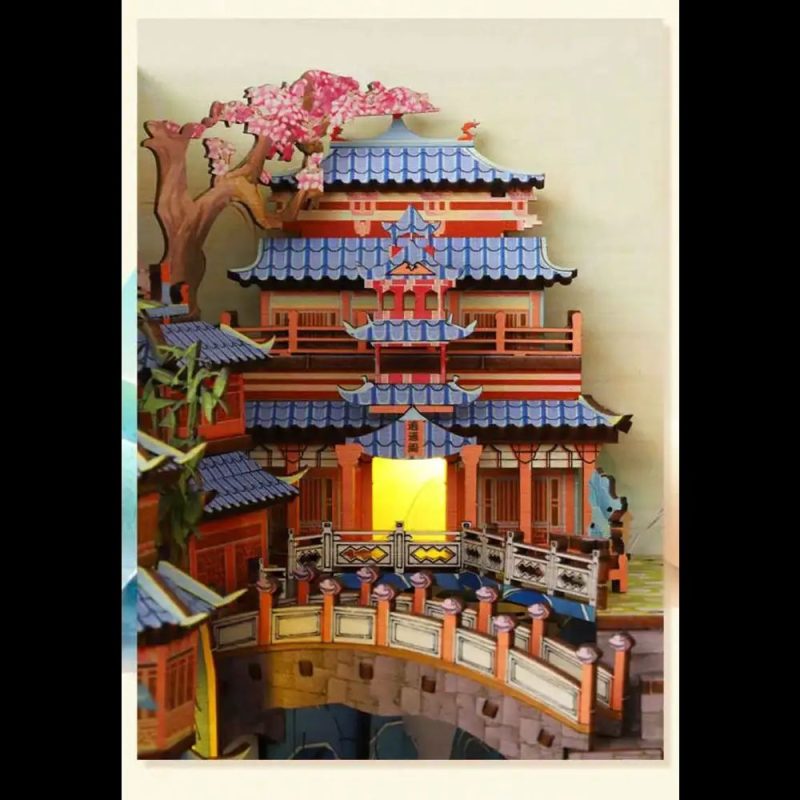 detailed-miniature-mountain-and-lanterns-book-nook-scene Detailed miniature mountain layers and hanging lanterns in a book nook scene
