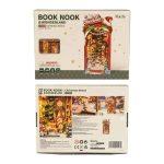 Detailed miniature winter alley scene with storefronts as charming seasonal bookshelf display