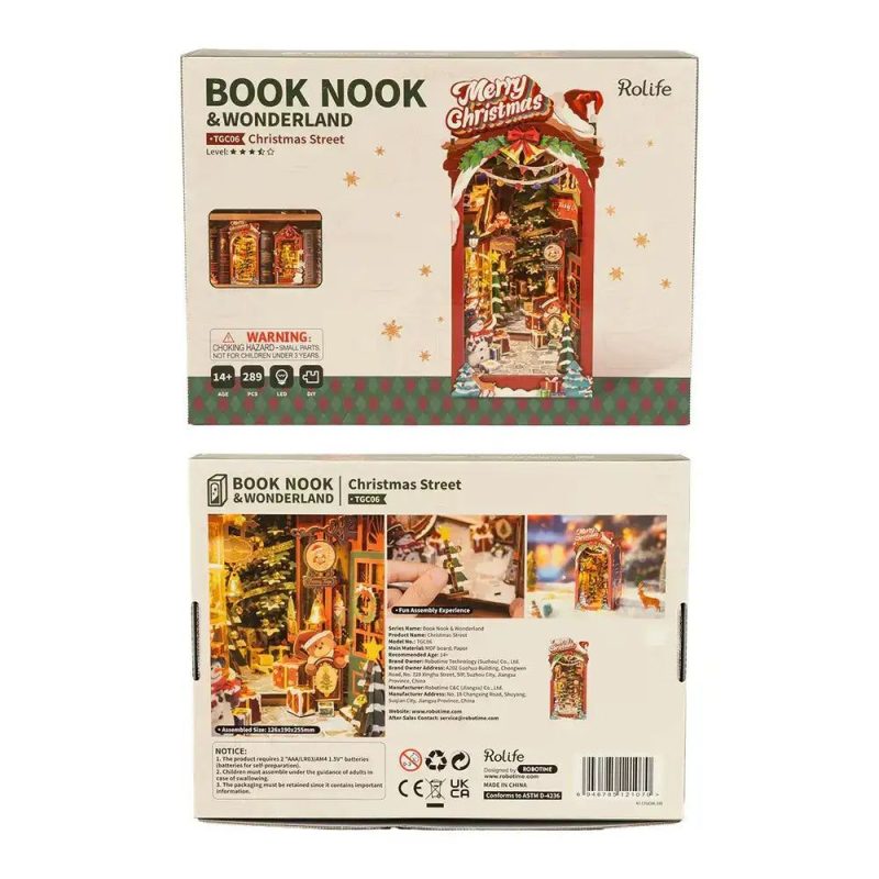 Detailed miniature winter alley scene with storefronts as charming seasonal bookshelf display