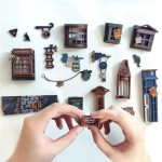 Detailed wooden book nook alley scene with glowing miniature lanterns