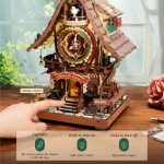 Dimensional wooden puzzle cuckoo clock model showing layered fretwork depth