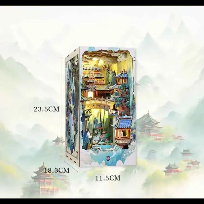 diy-asian-scenery-bookshelf-insert-with-pagoda-lanterns DIY Asian scenery bookshelf insert showing pagoda roof and paper lanterns