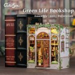 DIY bookshelf insert showing cozy plant-filled reading shop scene