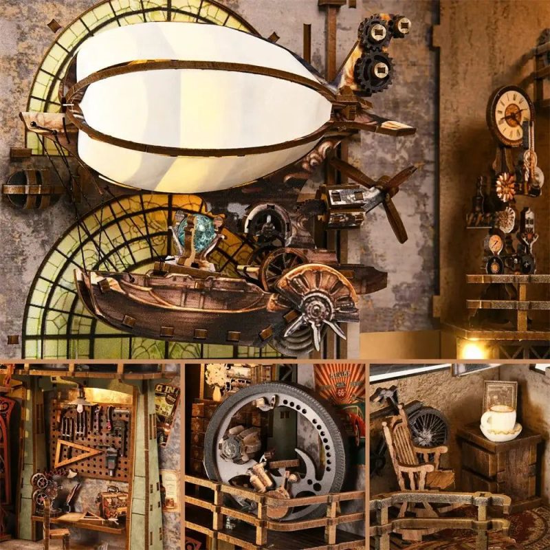diy-miniature-book-nook-warehouse-scene DIY miniature steampunk warehouse scene with layered walkways and LED lighting