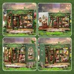 DIY miniature bookshelf insert with tiny flowers and painted green shopfront
