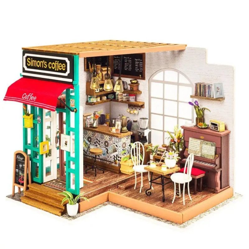 diy-miniature-coffee-shop-model-kit-for-hobbyists DIY miniature coffee shop model kit with laser-cut wood parts and accessories