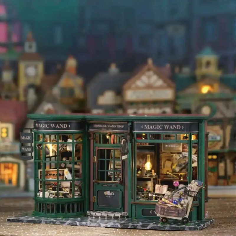 diy-miniature-fairy-house-craft-kit-with-magic-wand-theme DIY miniature fairy house craft kit featuring magic wand shop theme and basswood panels