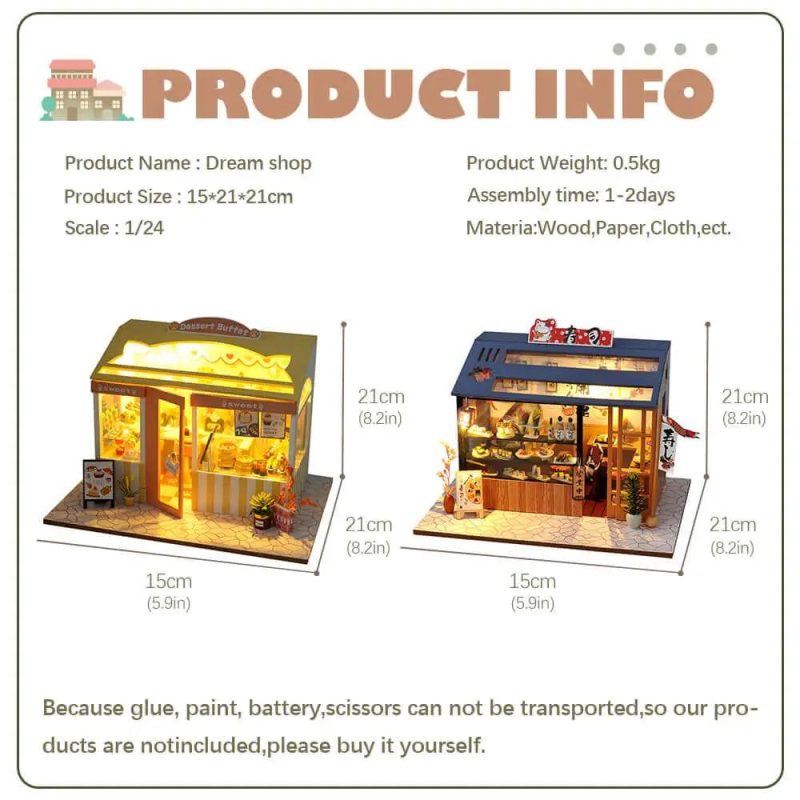 dream-shop-miniature-dollhouse-kit Dream Shop miniature kit close-up: handcrafted shop facade with miniature signage and textured details