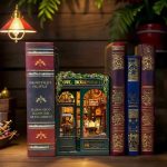 enchanted-reading-corner-miniature-with-owl-and-books Enchanted reading corner miniature bookshop with owl and stacked book spines