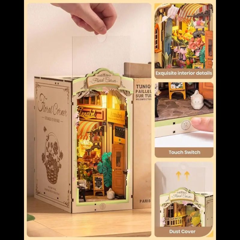 floral-corner-book-nook-miniature-diorama-kit Floral corner book nook miniature diorama with cobblestone street and flower stall