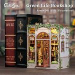 green and white bookshop shelf vignette for book lovers display