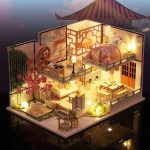 Detailed view of Guqin Pavilion miniature roof eaves and hand-painted lacquer finish