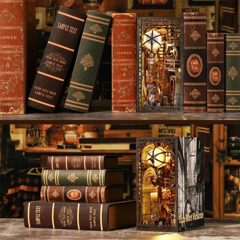 hand-painted-book-nook-scene-with-tiny-furniture Hand-assembled steampunk book nook scene with tiny furniture and warm LED glow