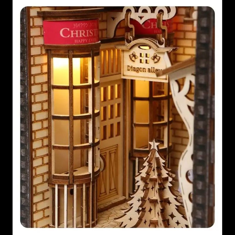 Hand-painted wizard alley bookshelf insert with cobblestone detail