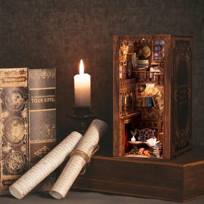 handcrafted-book-nook-shelf-insert-with-cozy-reading-scene handcrafted book nook shelf insert showing cozy reading scene on upper floor