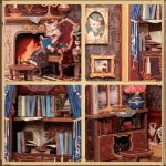 handcrafted-bookshelf-diorama-cat-study-corner Handcrafted bookshelf diorama with cat study corner featuring wooden frame and ceramic accessories