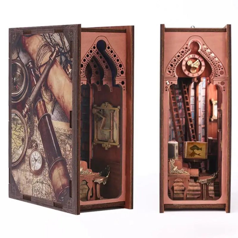 handcrafted-bookshelf-diorama-with-lighthouse-and-ocean Handcrafted bookshelf diorama with detailed lighthouse, ocean waves, and weathered ship model