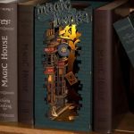 handcrafted-diy-miniature-bookshelf-diorama Handcrafted DIY fantasy miniature with layered wood panels and textured facade details