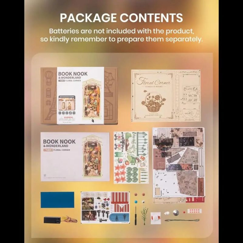 handcrafted-floral-book-nook-craft-kit-for-shelves Handcrafted floral book nook craft kit components laid out before assembly