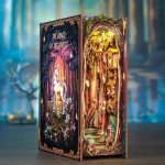 handcrafted-miniature-forest-scene-bookshelf-insert Handcrafted miniature forest scene bookshelf insert with detailed wood frame and paper layers