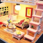handcrafted-pink-loft-style-mini-house-craft-kit Handcrafted pink loft style miniature house kit showing wood frame and wallpaper