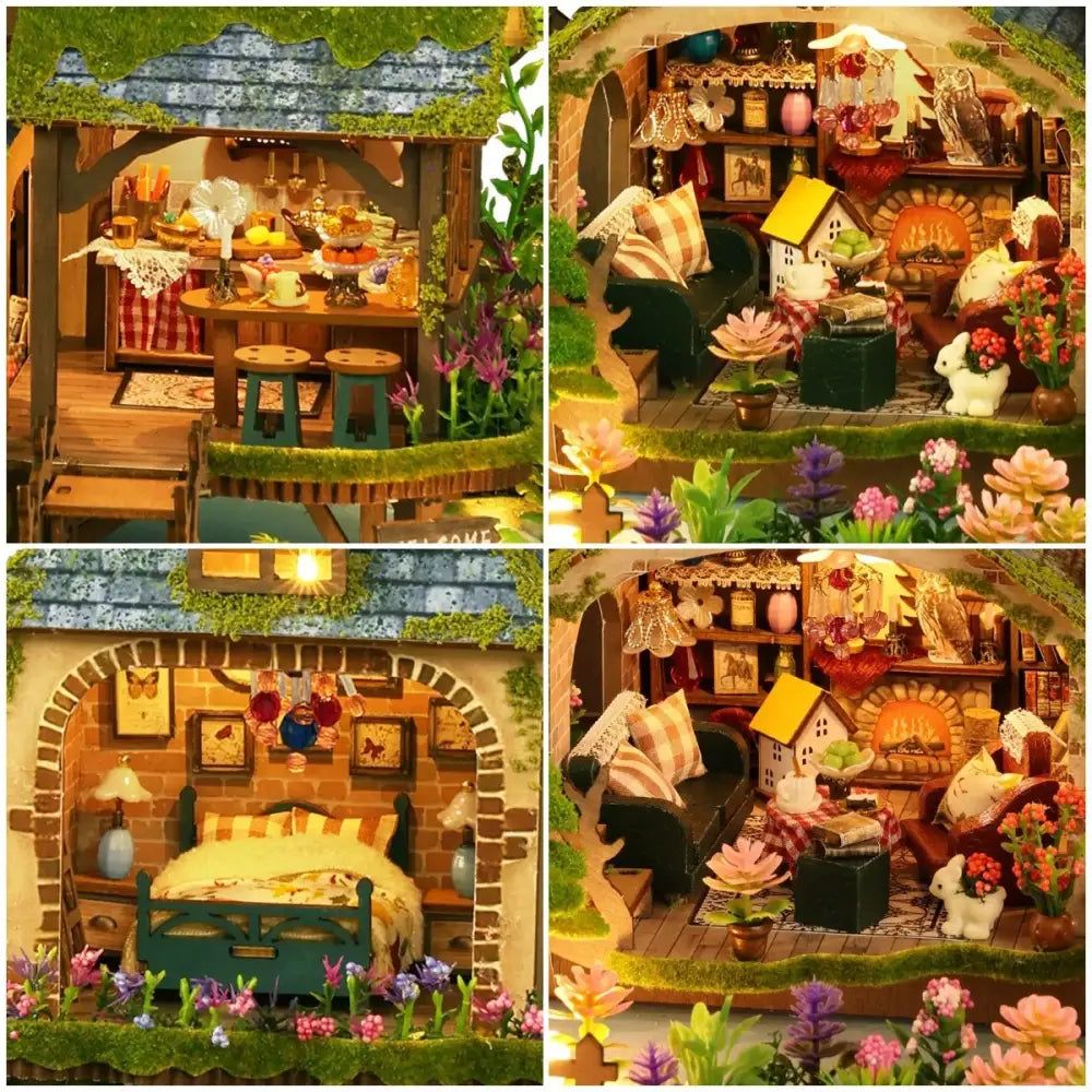 handcrafted tiny cottage kit for garden decor with LED illumination