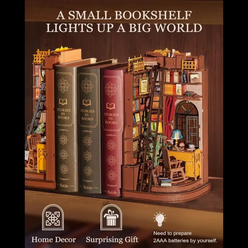 handcrafted-wooden-bookshelf-insert-diorama-with-reading-desk-and-lamp Handcrafted wooden book nook diorama showing detailed reading desk, shelves, and miniature lamp