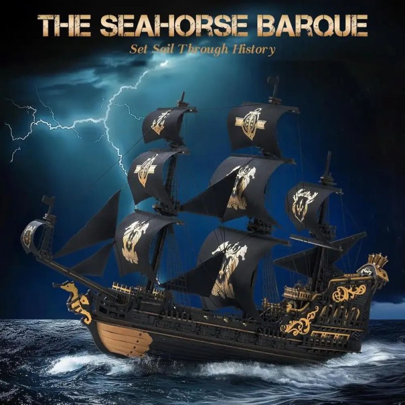 handcrafted-wooden-seahorse-sailing-vessel-display-model Handcrafted wooden seahorse sailing vessel display model showing engraved hull layers