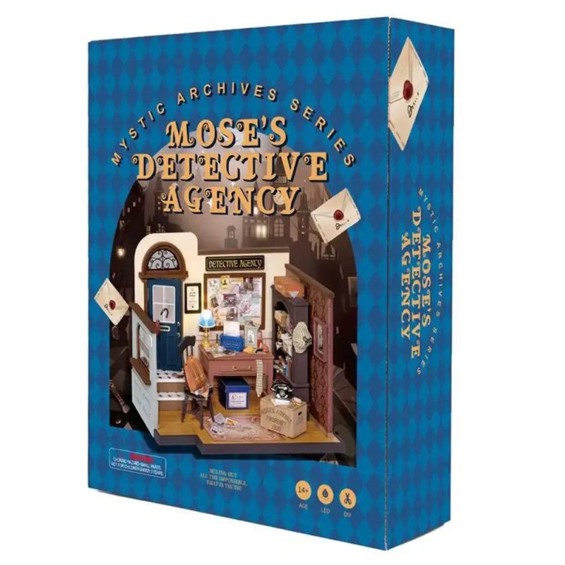 handmade-miniature-detective-agency-model-kit Handmade detective agency miniature with aged wood panelling, case files, and brass hardware details