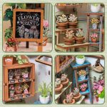 Handmade miniature flower shop inserted between books on wooden shelf