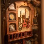 illuminated-miniature-reading-nook-with-rhythm-theme illuminated miniature music room book nook with warm amber LED glow