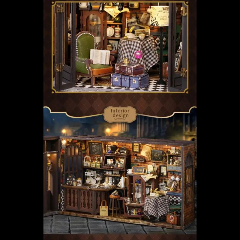 intricate miniature interior of a coffeehouse for bookshelves