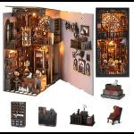 led-illuminated-spooky-bookcase-vignette-with-miniature-figures LED illuminated spooky bookcase vignette with miniature figures and gothic architecture