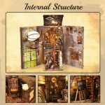 led-lit-book-nook-miniature-with-detailed-props LED-lit steampunk book nook miniature with detailed gears, ladders, and vignettes